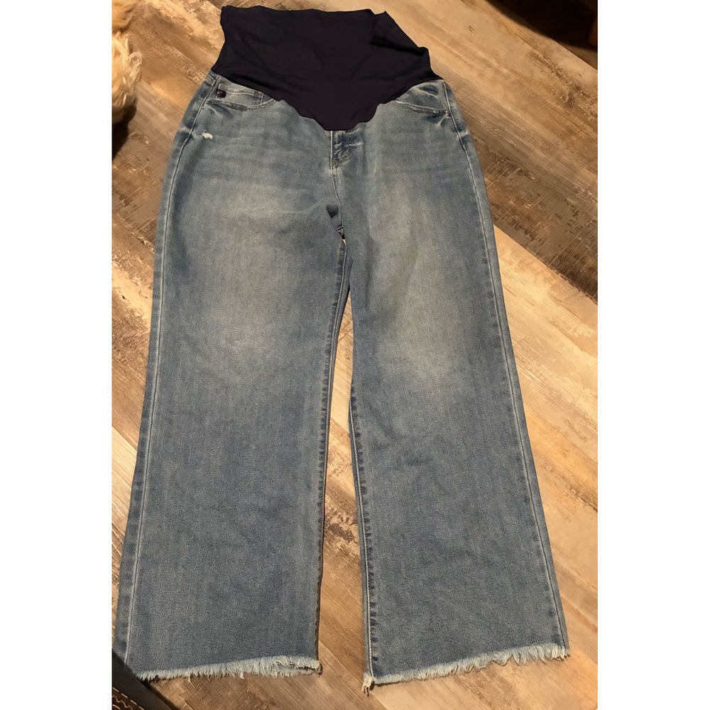 PinkBlush Kancan Maternity Jeans Light Wash Wide Leg Raw Hem Over Belly